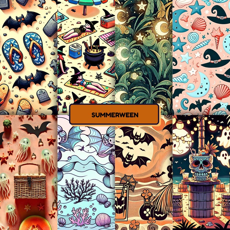 A vibrant "SUMMERWEEN" collage features playful mashups of summer and Halloween themes. Illustrations include flip-flops with bats and tombstones, witches sunbathing beside cauldrons, glowing waves under moonlight, and pastel sea shells with witch hats. Other scenes show jellyfish and bats near a picnic basket, mermaids with spooky creatures, tropical drinks surrounded by bats, and a beach bar with ghost lights and a skull centerpiece. The art blends eerie fun with beachy vibes