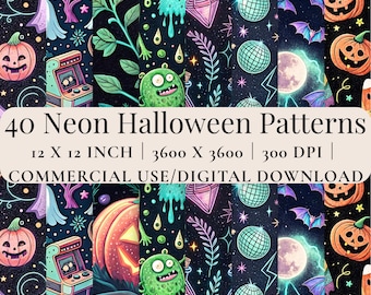 Neon Halloween Pastell Goth Witchy Nahtlose Muster Schädel-Geist-Katze Sammelalbum Sublimation POD Bundle