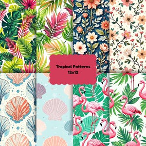 Tropical Digital Paper Pack, Summer Beach Scrapbook Paper, Preppy Luau Theme Backgrounds PNG