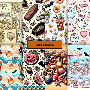 A cheerful "SUMMERWEEN" collage blends Halloween and summer fun through colorful illustrations. Designs include ghosts with hearts and bows, tropical drinks with candy corn, coffins beside flip-flops, and seashells mixed with skulls. Other images show spooky sailboats, jack-o’-lantern strawberries, beach cupcakes with ghosts, and pastel waves filled with candy. The artwork combines beachy vibes with playful spooky elements for a cute and quirky seasonal crossover