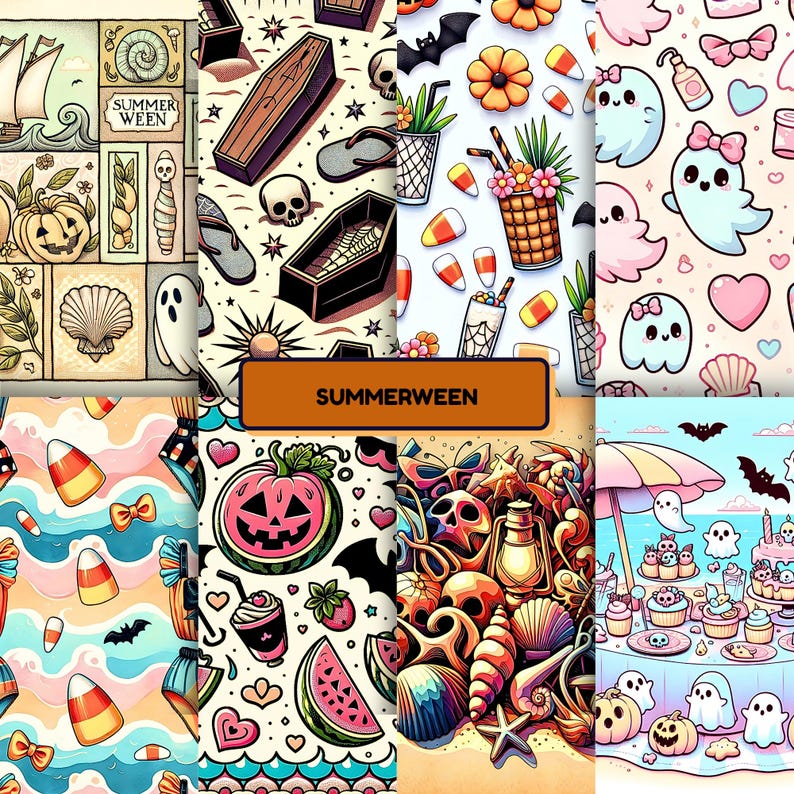 A cheerful "SUMMERWEEN" collage blends Halloween and summer fun through colorful illustrations. Designs include ghosts with hearts and bows, tropical drinks with candy corn, coffins beside flip-flops, and seashells mixed with skulls. Other images show spooky sailboats, jack-o’-lantern strawberries, beach cupcakes with ghosts, and pastel waves filled with candy. The artwork combines beachy vibes with playful spooky elements for a cute and quirky seasonal crossover