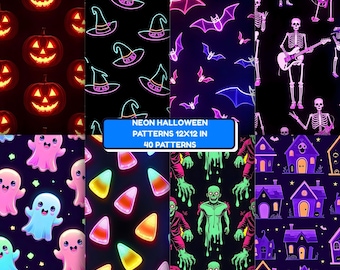 Neon Halloween Digital Paper Pack, gruselige Muster, Retro Glow Scrapbook Papier, Pastel Goth PNG Bundle