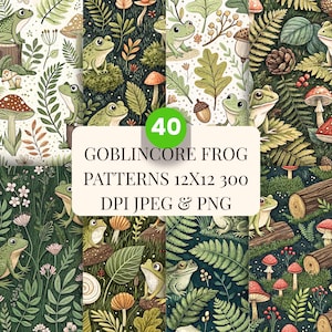 Puede incluir: Una colección de 40 patrones de ranas goblin core. Los patrones presentan ilustraciones de ranas, setas, helechos y otros elementos forestales. El texto de la imagen dice "GOBLINCORE FROG PATTERNS 12X12 300 DPI JPEG & PNG".