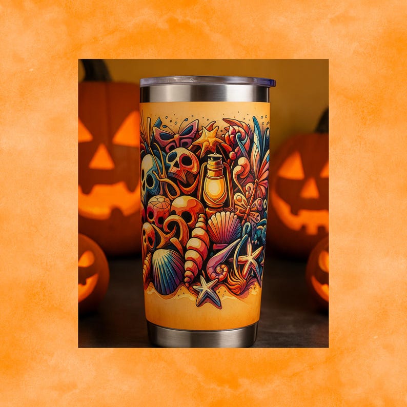 A stainless steel tumbler features a vibrant design blending Halloween and beach themes. The artwork includes colorful skulls, seashells, starfish, a lantern, and spooky elements like bones and eyeballs, all set against a sandy background. The tumbler is surrounded by glowing jack-o’-lanterns, emphasizing the Halloween vibe, while the design adds a playful, coastal twist. The background is a festive orange with a subtle texture
