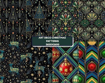 Art Deco kerst digitaal papierpakket | Vintage vakantiepatronen | Retro kerst plakboekachtergronden | Afdrukbaar knutselpapier