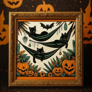 A framed Halloween-themed artwork shows three black cats lounging in stacked hammocks surrounded by tropical leaves, jack-o’-lanterns, and orange flowers. A bat flies overhead, adding to the spooky vibe. The art is set in an ornate gold frame with a festive Halloween background featuring pumpkin faces. The scene blends relaxation and Halloween charm with a tropical twist