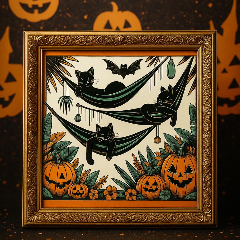 A framed Halloween-themed artwork shows three black cats lounging in stacked hammocks surrounded by tropical leaves, jack-o’-lanterns, and orange flowers. A bat flies overhead, adding to the spooky vibe. The art is set in an ornate gold frame with a festive Halloween background featuring pumpkin faces. The scene blends relaxation and Halloween charm with a tropical twist