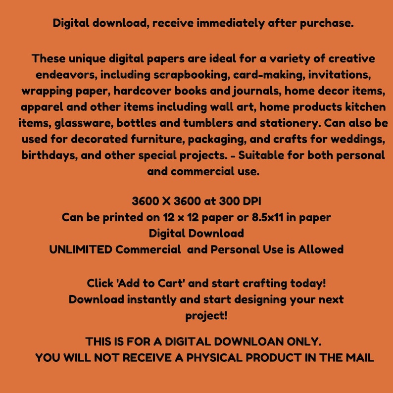 K&ouml;nnte beinhalten: Digitaler Download-Grafik auf orangefarbenem Hintergrund. Der Text beschreibt digitale Papiere f&uuml;r kreative Projekte wie Scrapbooking und Heimdekoration. Geeignet f&uuml;r private und kommerzielle Nutzung. Erh&auml;ltlich in 12 x 12 oder A4-Papierformaten. Nur digitaler Download.