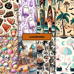 A vibrant collage titled "SUMMERWEEN" blends summer fun with spooky Halloween themes. Illustrations include popsicle-shaped ghosts, skeletons surfing and grilling, bats flying around palm trees, pastel beach umbrellas with witch hats and cauldrons, and skulls among colorful seashells. Other elements include watermelon, candy, beach houses, and bonfires. The artwork mixes bright summer colors with eerie motifs for a quirky and playful seasonal mashup