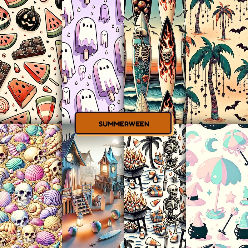 A vibrant collage titled "SUMMERWEEN" blends summer fun with spooky Halloween themes. Illustrations include popsicle-shaped ghosts, skeletons surfing and grilling, bats flying around palm trees, pastel beach umbrellas with witch hats and cauldrons, and skulls among colorful seashells. Other elements include watermelon, candy, beach houses, and bonfires. The artwork mixes bright summer colors with eerie motifs for a quirky and playful seasonal mashup