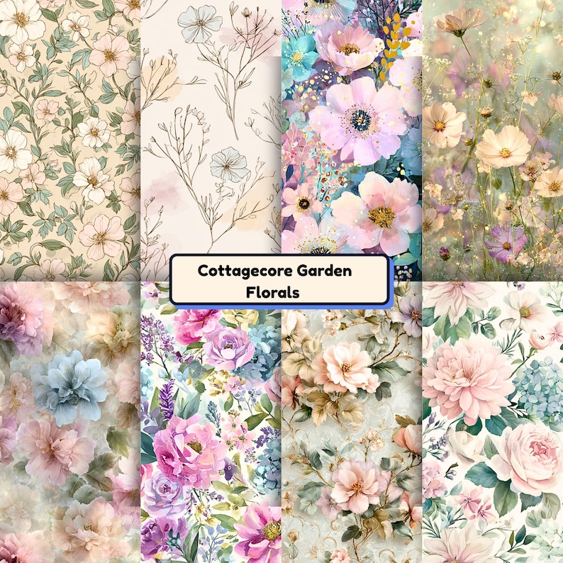 Cottagecore Garden Floral Digital Paper Pack, Vintage Shabby Chic ...