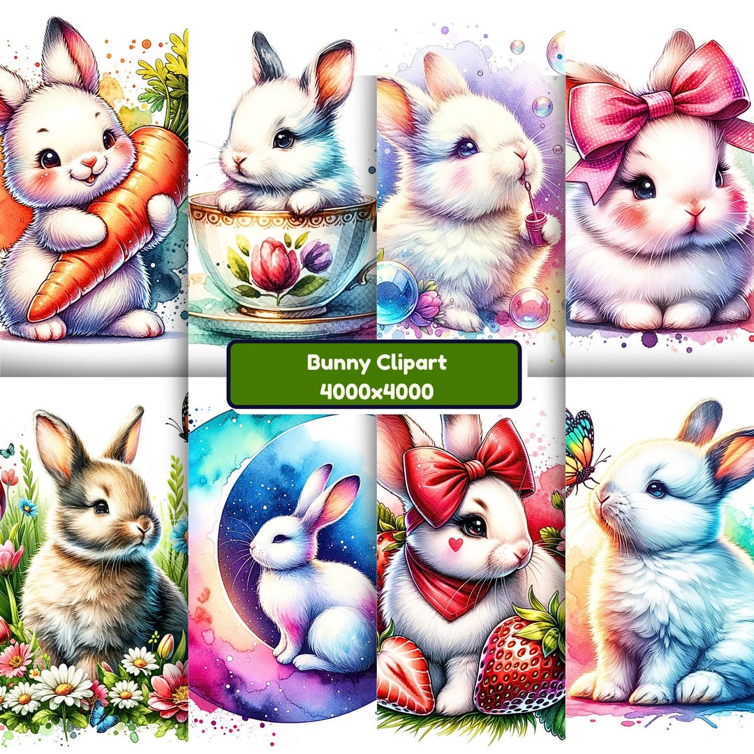 Pastel Bunny Clipart PNG Bundle Watercolor Easter Rabbit Floral ...