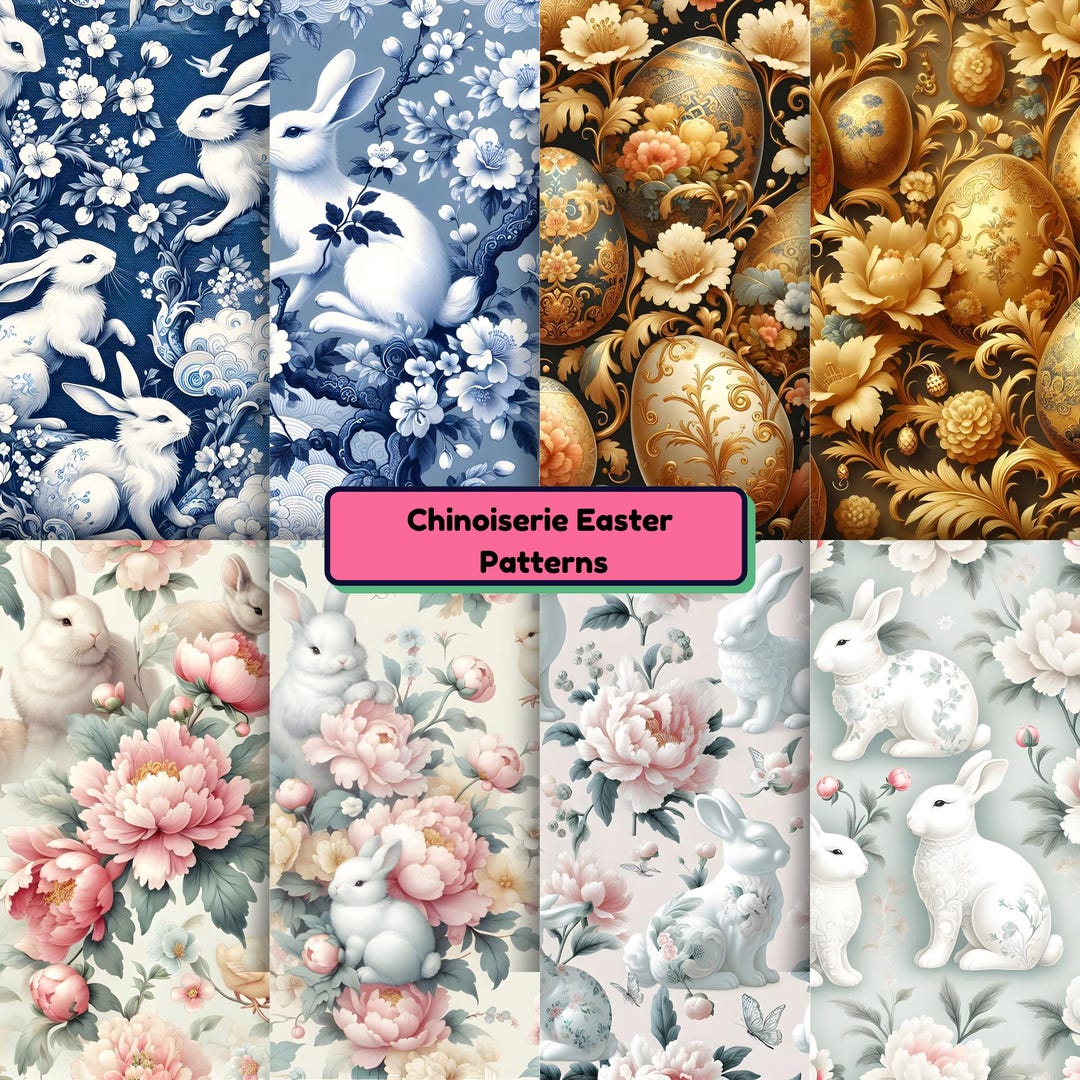 Chinoiserie Easter Digital Paper Pack | Blue White Floral Patterns ...