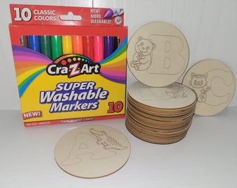 Juego de discos para colorear del alfabeto para niños: ¡26 discos de madera con marcadores lavables!