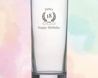 Personalised Birthday HiBall Beer Glass - Wreath Banner Birth Year - Permanent Engraved Gift - Bespoke - Cocktail Juice Milk