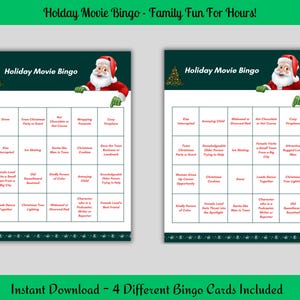 Holiday Movie Bingo Cards - Set of 4 - Christmas Game Night - Festive Movie Watching. Hallmark movie bingo game.