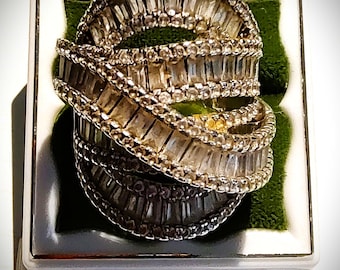 Vintage Baguette Crossover Statement Cocktail Ring - Stunning Sterling Silver & Loaded With Bling!