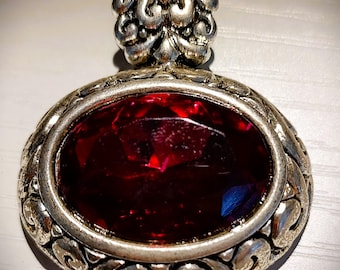 Luscious Vintage Gothic / Victorian Pendant: Lavish Red Centerpiece Stone with Silver-Toned Adornments Everywhere!