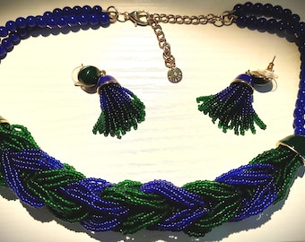 Vintage Talbots Braided Seed-Beed Necklace: Royal Blue & Emerald GreenTassle-Drop Earrings Included!