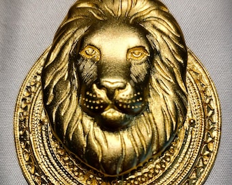Striking Vintage Lion Head Pendant: Gold-Tone with Loads of Bling & Sparkle!