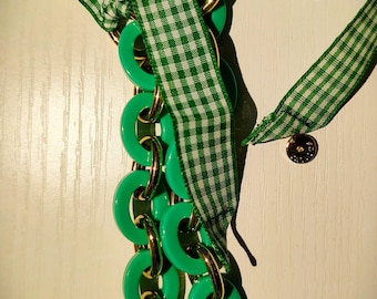 Vintage Talbots Gingham Green Links 'n' Ribbon Statement Necklace - Vivid and Cute as a Button!