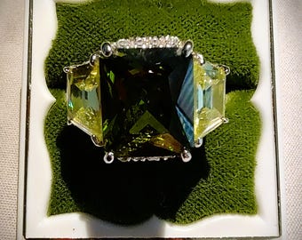 Vintage Three-Stone Trilogy Cocktail Ring - Stunning Olive-Green Center Stone in Sterling Silver!