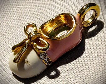 Striking Vintage Baby Shoe Charm Pendant: Pink & White, Trimmed in Gold-Tone with Sparkly Stones!
