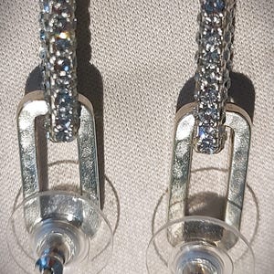 Pu&ograve; includere: Un paio di orecchini color argento. Ogni orecchino presenta una sezione superiore rettangolare incastonata con piccoli cristalli azzurri. La parte inferiore &egrave; un design a forma di U color argento. Sono attaccate chiusure per orecchini in plastica trasparente.