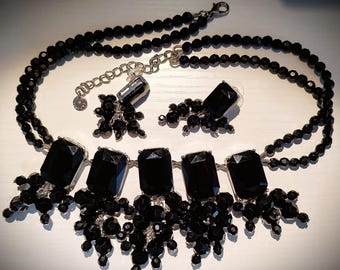 Vintage Talbots Black Beaded Dangle Statement Bib Necklace with Matching Cluster Earrings!
