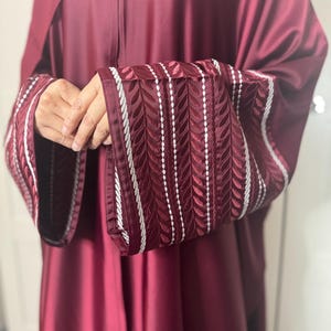 Embroidered Sleeve Abaya: Maroon Satin Batwing with Scarf