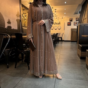 Conjunto de abaya de lujo de 4 piezas, Nida, abaya de perlas, gasa, abaya de Eid, regalo de Ramadán, abaya de boda, ropa islámica, Muslima, abayas de Dubái, marrón