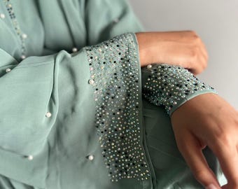 Eleganter Anlass Abaya mit Perlen Falten Edelsteinen, Luxus Abaya, Eid, Ramadan Geschenk, Luxus dubai Abayas, ideal für Hochzeiten & Partys