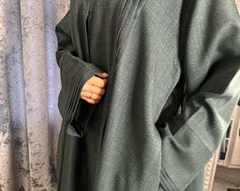 Plissee Leinen Abaya, Taschen Abaya, Bescheidenheit Abaya, Gebet Abaya, Grüne Abaya, Eid Abaya, Ramadan Abaya bestickt