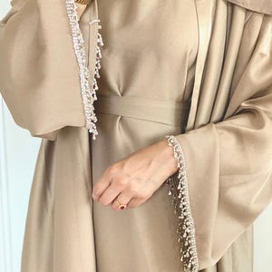 Elegant Diamond Trim Abaya: 3-Piece Silk Satin Islamic Dress