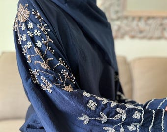Luxury Embellished Sleeves Navy Abaya, Silk, Satin, Eid Gift, Ramadan, Wedding Abaya, Islamic Clothing, Muslimah, Embroidery, Occasion Abaya