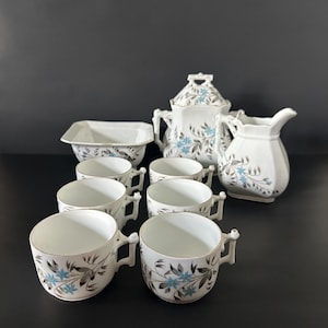 Vintage BSM 11 Fine China Tea Set w/Blue Star Flowers & Gray Leaves - 10 Piece