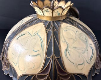 Vintage 6 Panel Slag Glass Chandelier by J.N. Machet Corporation