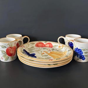 Vintage Handpainted Fruit & Floral Dinner Plates and Mugs - Set of 8