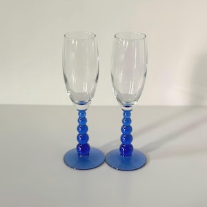 Vintage Libbey Metropolitan Colbalt Blue Bubble Stem Champagne Flutes - Set of 2