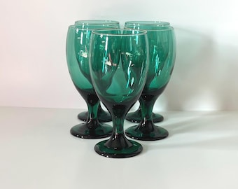 Vintage Libbey Teardrop Juniper Green Wine/ Water Glasses w/ Gold Trim - Set of 5
