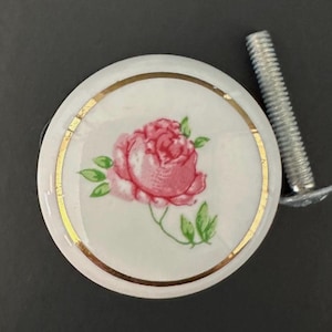 Vintage (New) Pink Rose Ceramic Cabinet Knobs w/Hardware - Set of 9