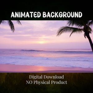 Puede incluir: Imagen de descarga digital de una escena de playa tropical al atardecer. El cielo es un degradado de rosa y morado, con palmeras a la derecha y el texto "ANIMATED BACKGROUND". La parte inferior de la imagen tiene el texto "Digital Download NO Physical Product".