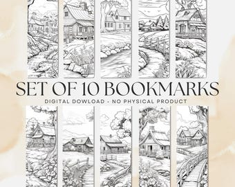 May include: Set of 10 black and white bookmarks featuring detailed landscape scenes with houses, trees, and pathways. The text "SET OF 10 BOOKMARKS" is displayed above the images, with "DIGITAL DOWNLOAD - NO PHYSICAL PRODUCT" below.