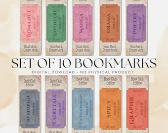 Book Club Ticket Bookmarks V2, Book Lover Gift, Various Genres (PDF and PNG Download)