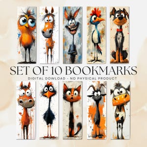 Peut inclure: Ensemble de 10 marque-pages fantaisistes avec des animaux de dessins animés. Chaque marque-page présente un animal différent, comme un oiseau, un cheval, un âne, un chien, un chat, une chèvre et une vache. Le texte "SET OF 10 BOOKMARKS" est affiché. Téléchargement numérique.