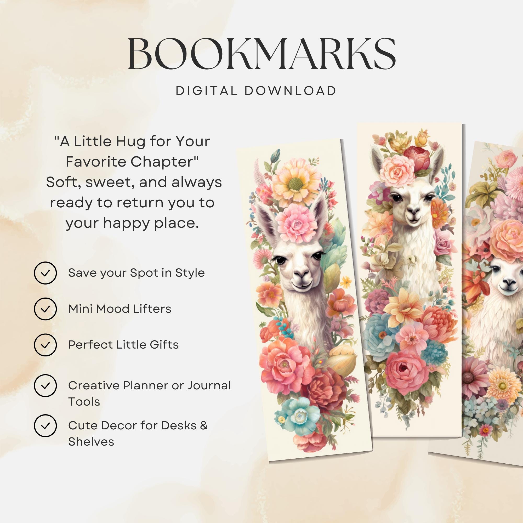 Floral Llama Bookmarks: Printable DIY Gift, Book Lover (PDF and PNG ...
