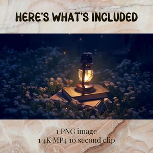 May include: A glowing lantern sits atop two stacked books in a field of white flowers. The image has a dark, dreamy aesthetic with the text "HERE'S WHAT'S INCLUDED" at the top. The bottom of the image includes the text "1 PNG image 1 4K MP4 10 second clip."