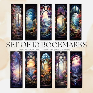 May include: Set of 10 digital bookmarks featuring fantasy landscapes within arched windows. Each bookmark showcases a unique scene with vibrant colors, flowers, and stairways. Text reads "SET OF 10 BOOKMARKS" and "DIGITAL DOWNLOAD - NO PHYSICAL PRODUCT".
