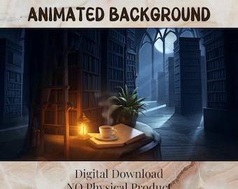 Op de afbeelding: Illustratie van een bibliotheekinterieur met boekenplanken, een tafel en een gloeiende lantaarn. Een kopje koffie staat op een tafel met een open boek. De tekst "ANIMATED BACKGROUND" en "Digital Download NO Physical Product" worden weergegeven.