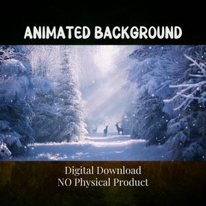May include: Animated background image of a snowy forest scene with deer. The image features snow-covered trees, a bright sky, and the text "Animated Background" at the top. The bottom of the image reads "Digital Download NO Physical Product."